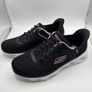 SKECHERS Hands Free Swift Fit Mesh Sneakers Black Pink Lace Up. Size 8